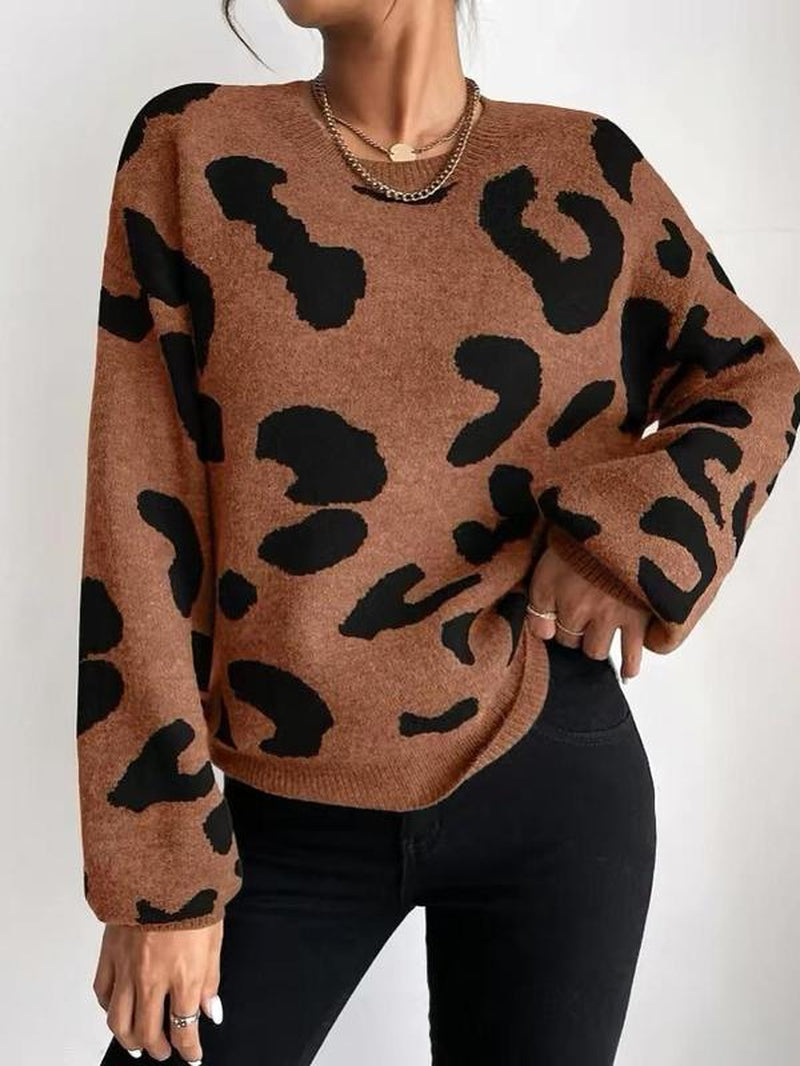 Women'S Leopard Print Drop Shoulder Sweater, Casual Long Sleeve round Neck Jumper for Fall & Winter, Sweaters for Women, Women'S Knitwear for Daily Wear