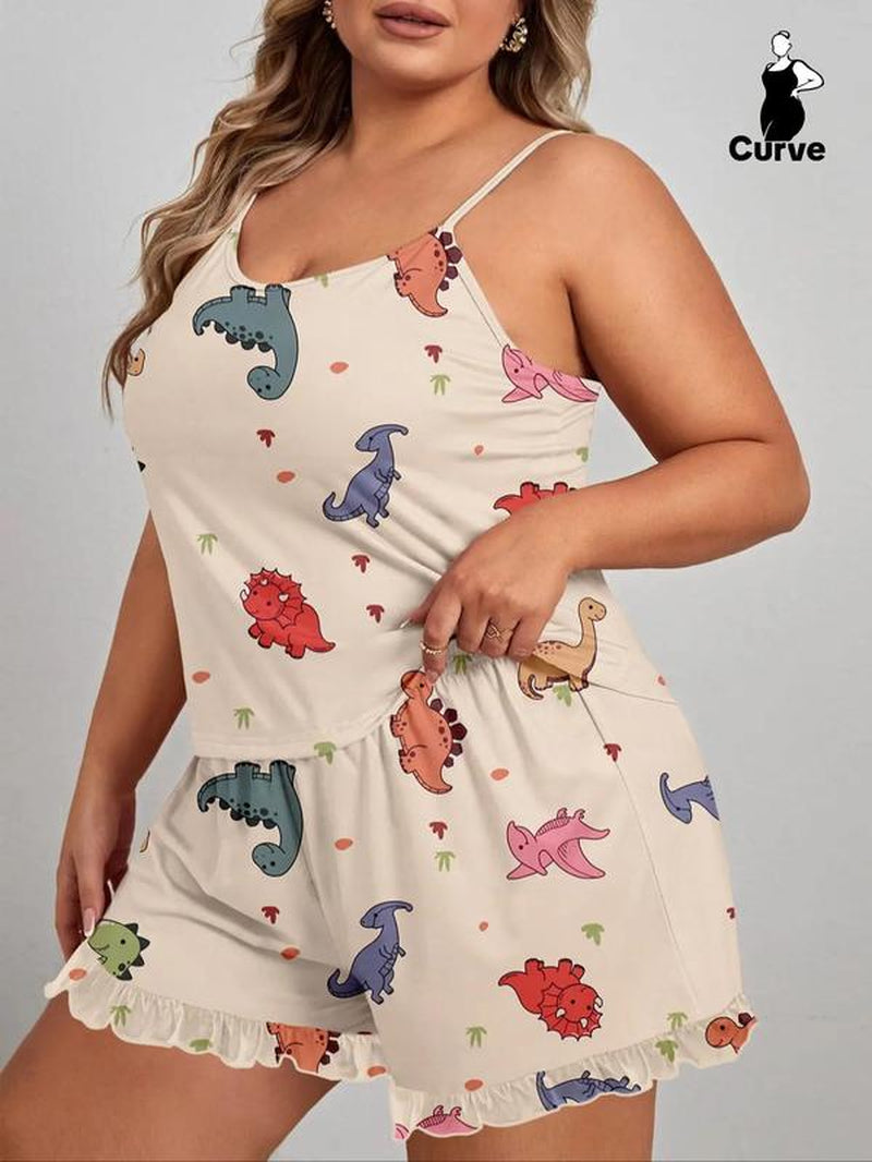 【Plus Size】 2 Pieces Dinosaur Print Cami Top & Ruffle Hem Elastic Waist Shorts Pyjama Set, Women Cute Nightwear, Summer Clothes Women, Comfy Sleeveless Top & Shorts Set, PJ Sets for Women, Summer Wear 2024, Back to School Clothing