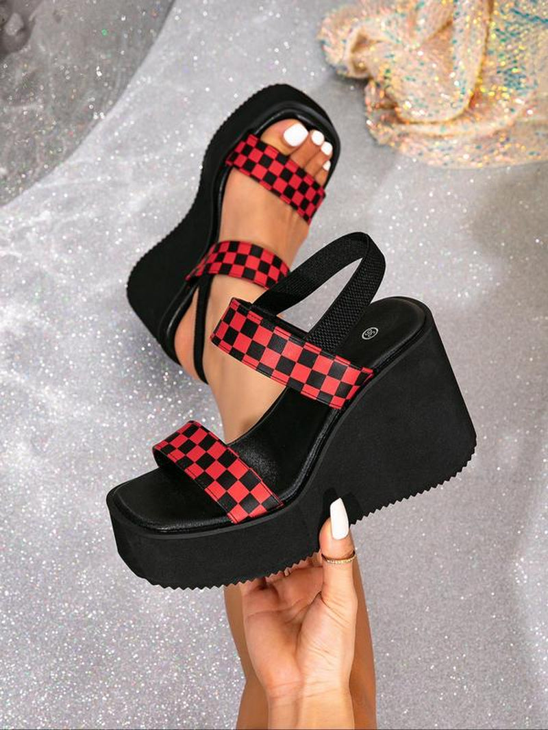 Women'S Checked Pattern Platform Sandals, Trendy Slip on Wedge Sandals, Chic All-Match Shoes for Daily Wear