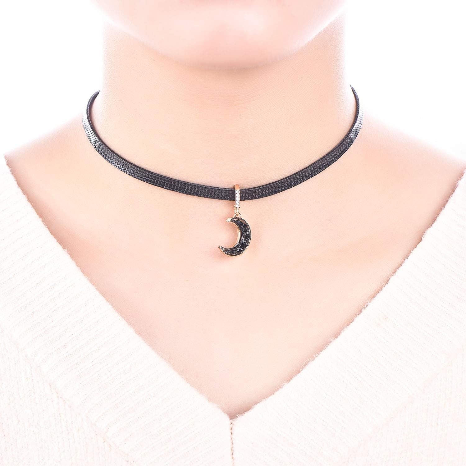 Black Leather Choker Necklace for Women