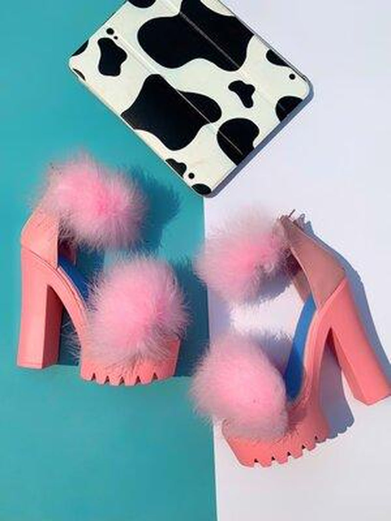 Bunny - Pink Fur Platform Heels Open Toe