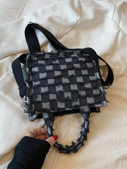 Checkerboard Pattern Raw Hem Design Handbag Tote Bag, 2024 New Style Luxury Designer Letter Patched Crossbody Shoulder Bag, Summer Trendy Gift Bag for Women