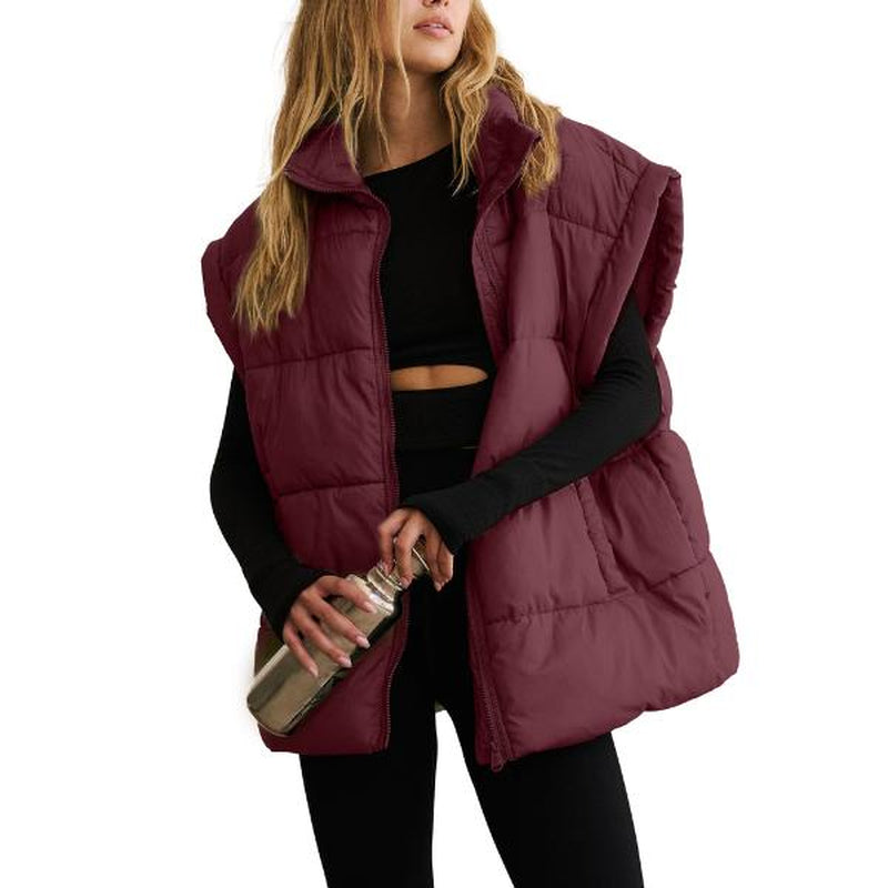 SCUSTY Women Winter Oversized Puffer Vest Insulated Padded Flysleeve Lightweight Stand Collar Puffy Jackets Coat with Pockets