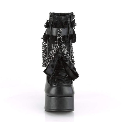 Demonia Charade-110 Black Vegan Leather-Lace Overlay Ankle Boots