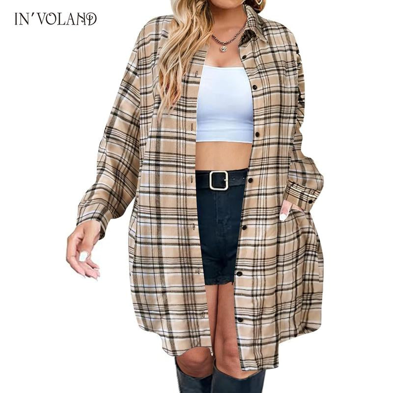 IN'VOLAND Womens plus Size Plaid Flannel Shirt Long Sleeve Button down Blouses Tops Shacket Jackets Coats with Pockets Chic Fashion Lightweight