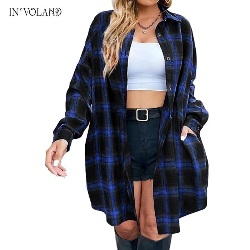 IN'VOLAND Womens plus Size Plaid Flannel Shirt Long Sleeve Button down Blouses Tops Shacket Jackets Coats with Pockets Chic Fashion Lightweight