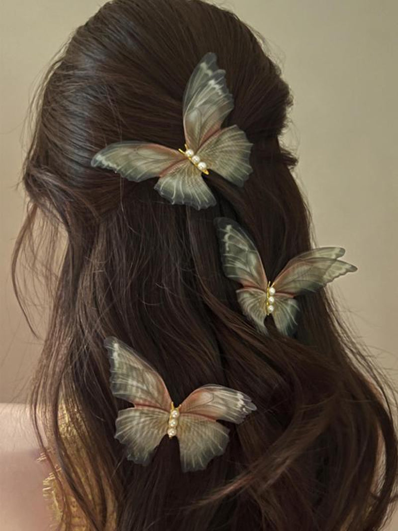 Double Layer Tulle Butterfly Hair Clips for Galentine'S Party Style, Faux Pearl Decoration, Retro Design Temperament Bangs Hair Clips, Fashionable and Versatile Daily Hair Accessories, Gifts for Girls