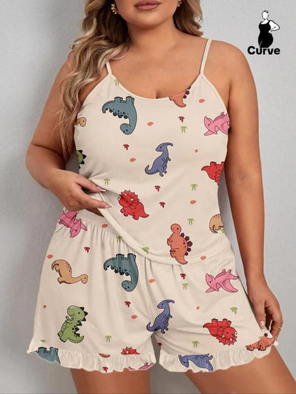 【Plus Size】 2 Pieces Dinosaur Print Cami Top & Ruffle Hem Elastic Waist Shorts Pyjama Set, Women Cute Nightwear, Summer Clothes Women, Comfy Sleeveless Top & Shorts Set, PJ Sets for Women, Summer Wear 2024, Back to School Clothing