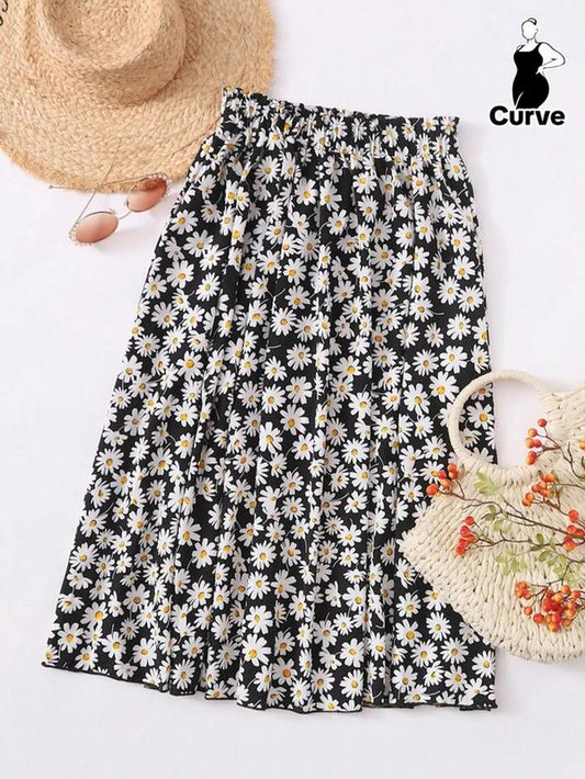 【Plus Size】 Ditsy Floral Print Elastic Waist Flared Vintage Skirt, Boho Fashion High Waist Midi Skirt for Daily Holiday Vacation Wear, Women Clothing for All Seasons, Summer Bottom for Womenswear