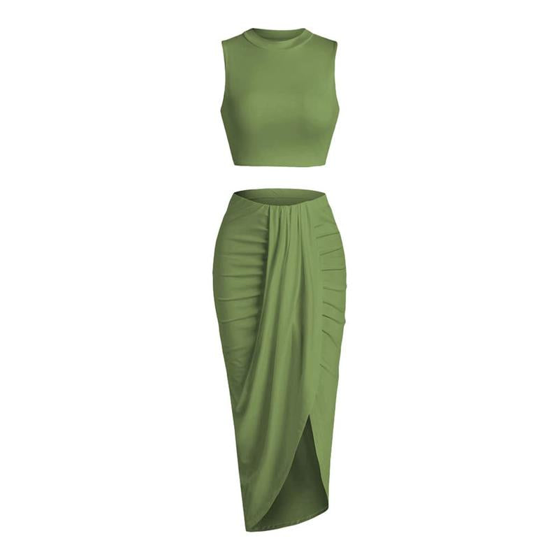 Women'S Casual Sleeveless Summer Two Piece Outfits Crop Top and Side Split Draped Ruched Maxi Skirt Set Solid Suiting Womenswear Overalls Knit 2Piece