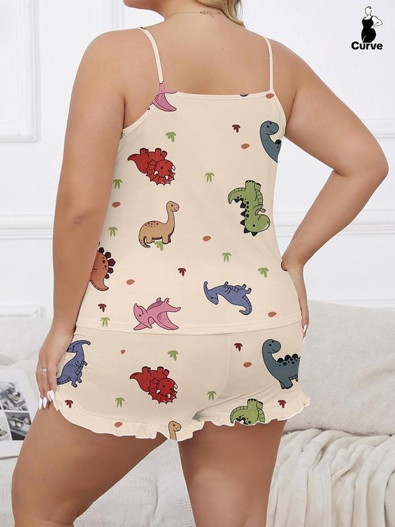 【Plus Size】 2 Pieces Dinosaur Print Cami Top & Ruffle Hem Elastic Waist Shorts Pyjama Set, Women Cute Nightwear, Summer Clothes Women, Comfy Sleeveless Top & Shorts Set, PJ Sets for Women, Summer Wear 2024, Back to School Clothing