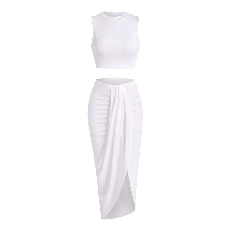 Women'S Casual Sleeveless Summer Two Piece Outfits Crop Top and Side Split Draped Ruched Maxi Skirt Set Solid Suiting Womenswear Overalls Knit 2Piece