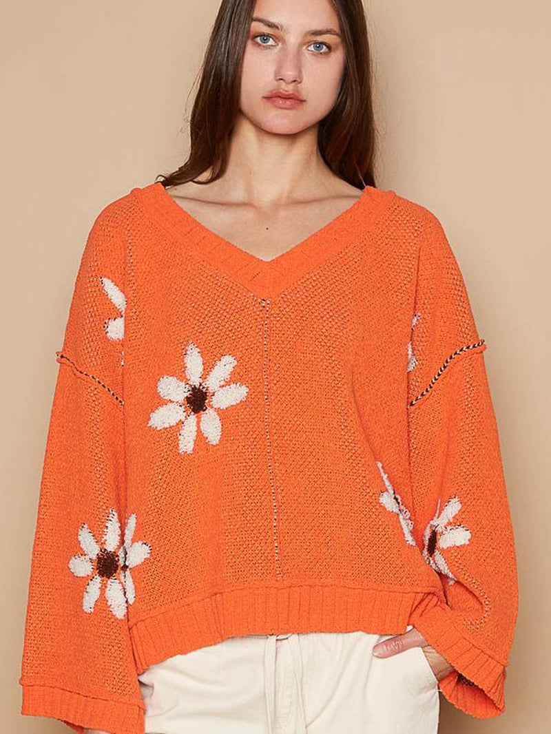 Pol Designed in V-Neck Long Sleeve, Relaxed Fit Top in Chenille with Outseam Rolling Edge Detailing, Berber Flower Print, Pullover Orange Sweater. Fall Sweater Oversized Sweater Everyday Womenswear Autumn Clothing