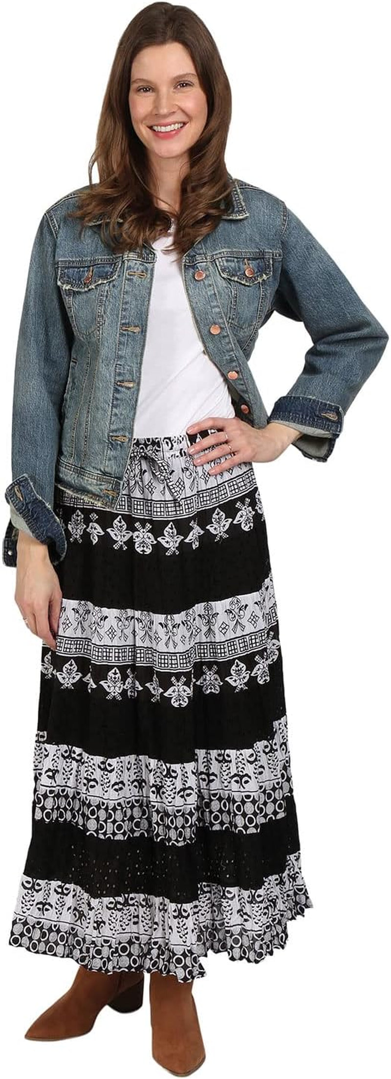 Womens Boho Skirt Long Floral Skirt Tiered Maxi Skirt Black/White, 1X