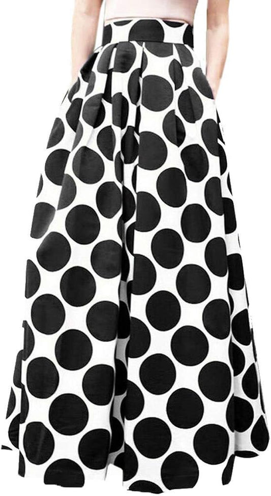 Fashion Party Cocktail Summer Womens Dot Printed Skirt High Waist Long Skirt Black