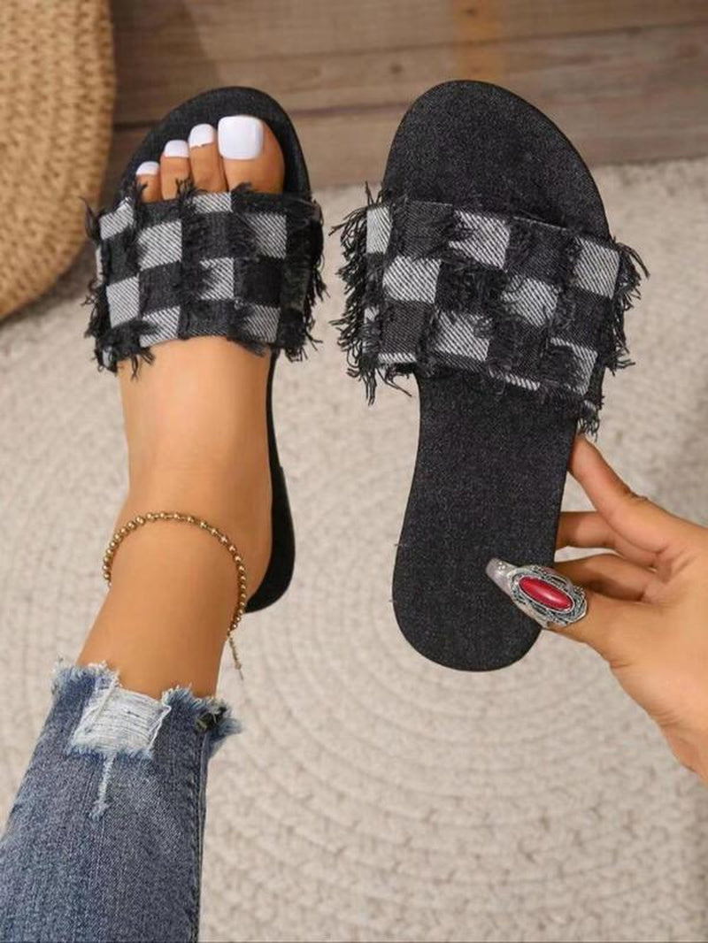 Women'S Casual Plaid Print Slip on Flat Sandals, Versatile Raw Hem Design Slide Walking Shoes, Summer 2024 Lightweight Comfortable Flat Shoes for Daily Wear for Women & Girls, Footwear