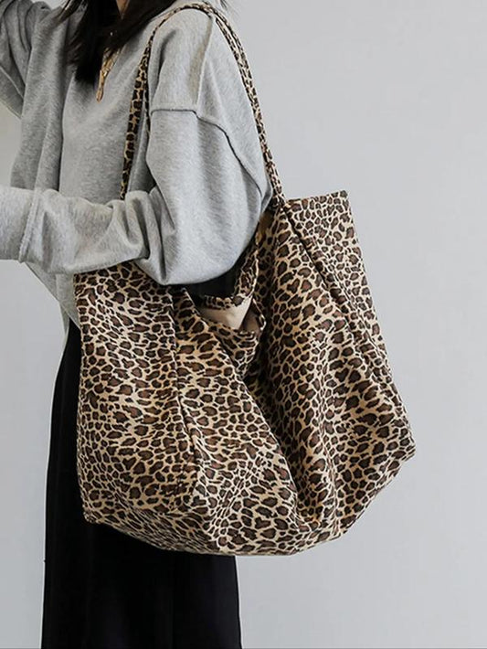 Women'S Fashion Leopard Print Shopping Tote Bag, Large Capacity Lightweight Foldable Shoulder Bag, Trendy Versatile High-Quality Daily Commuting Bag for Girl