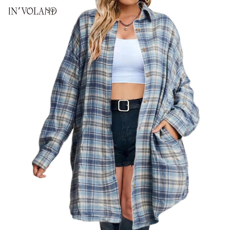 IN'VOLAND Womens plus Size Plaid Flannel Shirt Long Sleeve Button down Blouses Tops Shacket Jackets Coats with Pockets Chic Fashion Lightweight