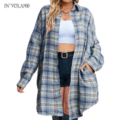 IN'VOLAND Womens plus Size Plaid Flannel Shirt Long Sleeve Button down Blouses Tops Shacket Jackets Coats with Pockets Chic Fashion Lightweight