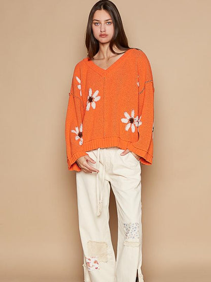 Pol Designed in V-Neck Long Sleeve, Relaxed Fit Top in Chenille with Outseam Rolling Edge Detailing, Berber Flower Print, Pullover Orange Sweater. Fall Sweater Oversized Sweater Everyday Womenswear Autumn Clothing