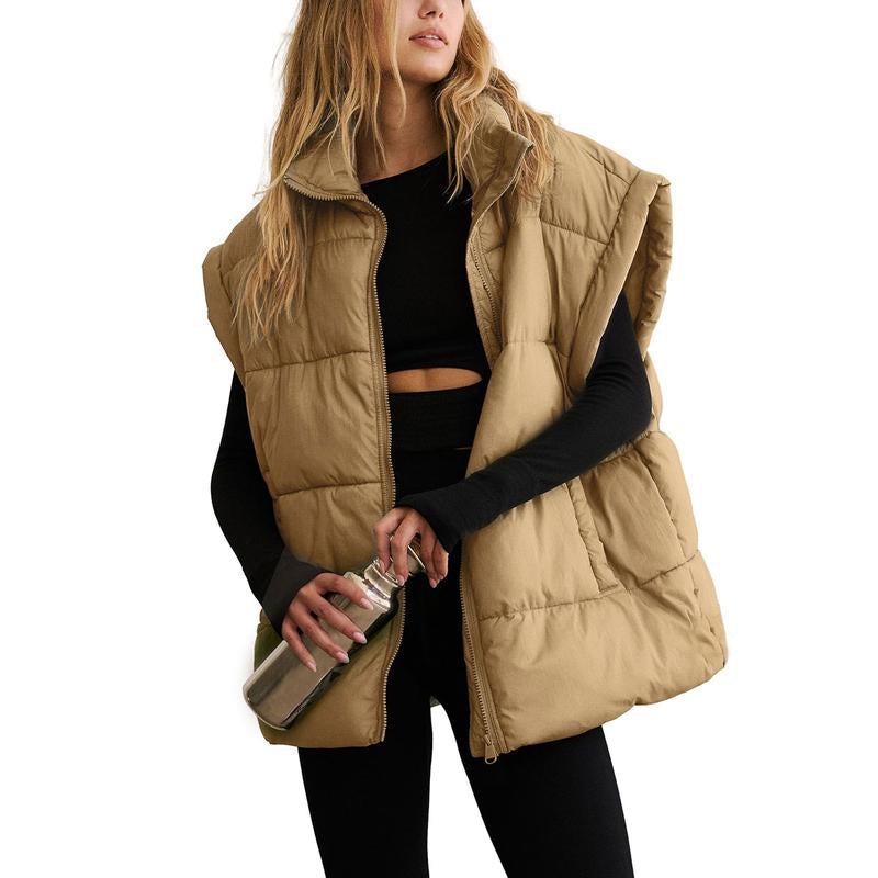 SCUSTY Women Winter Oversized Puffer Vest Insulated Padded Flysleeve Lightweight Stand Collar Puffy Jackets Coat with Pockets