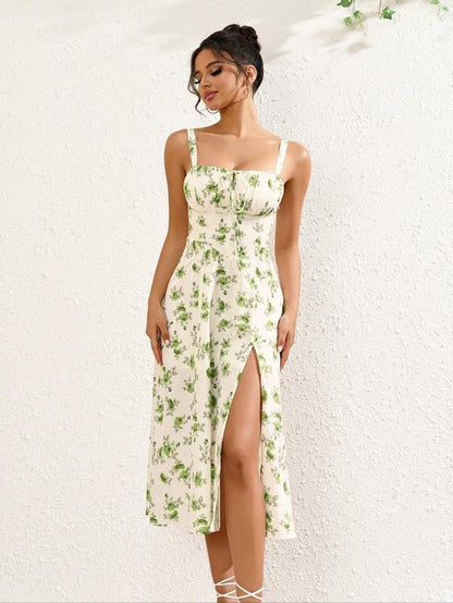 Women'S Floral Print Ruched Split Thigh Dress, Elegant Sleeveless Midi Dress for Summer, Ladies Clothes for Beach Holiday