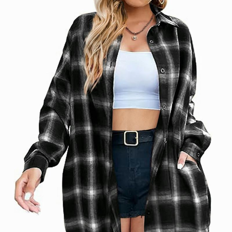 IN'VOLAND Womens plus Size Plaid Flannel Shirt Long Sleeve Button down Blouses Tops Shacket Jackets Coats with Pockets Chic Fashion Lightweight