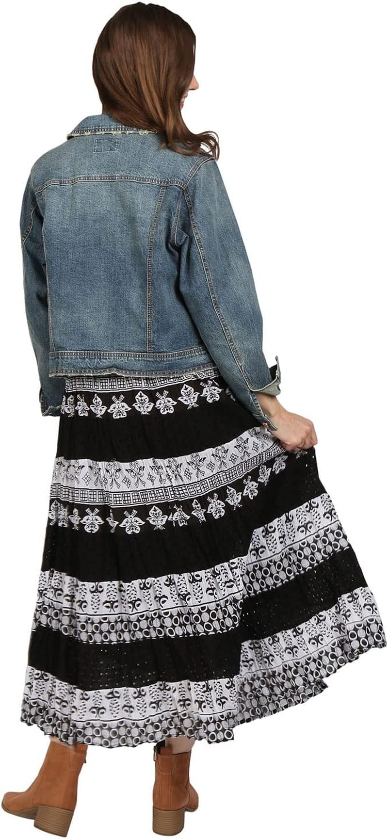 Womens Boho Skirt Long Floral Skirt Tiered Maxi Skirt Black/White, 1X