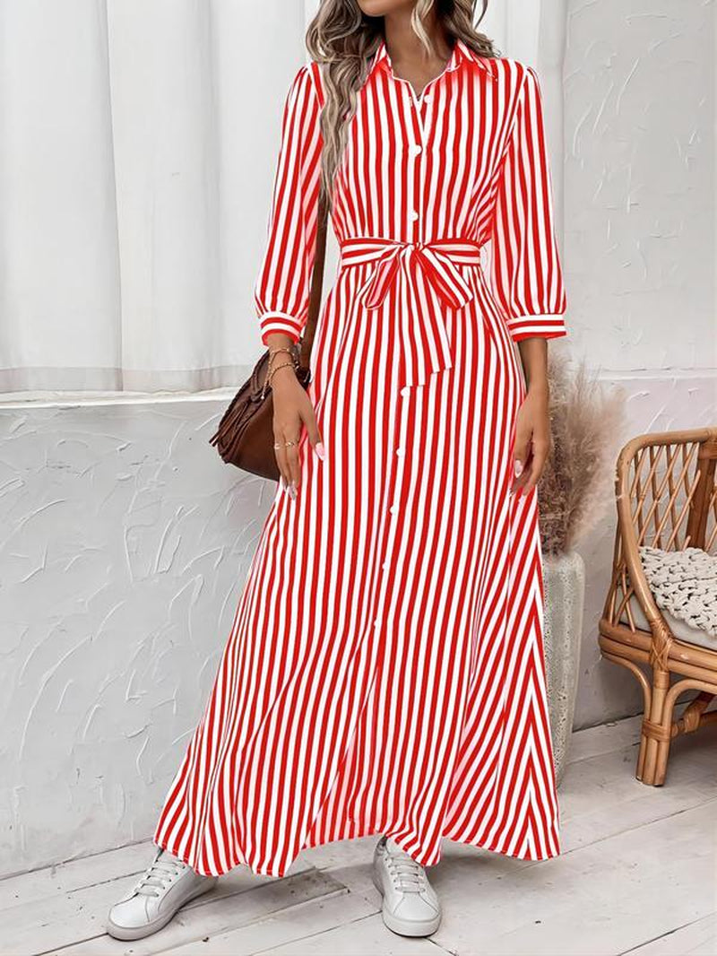 Summer Striped Print Button Front Belted Shirt Dress, Casual Wear Long Sleeve Collared Maxi Dress for Fall, Ladies Clothes Womenswear, Girly Girl Clothes, Vintage Clothing