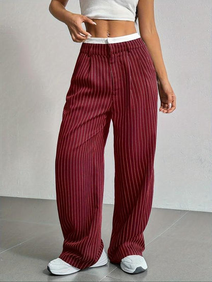 Women'S All over Striped Print Pocket Wide Leg Pants, Casual Comfy Trousers for Spring & Fall, Women'S Bottoms for Daily Wear