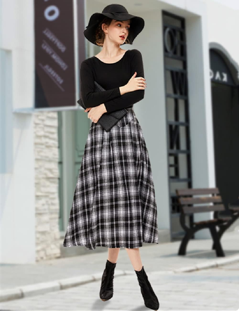 Black and White Pleated Skirt, Fall Midi Skirt, Winter Maxi Skirt, Women'S High Waist Fit and Flare A-Line Swing Skirt for Party Graduation Tea Parties (Black and White, S)