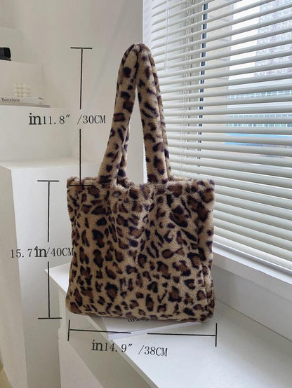 Leopard Pattern Tote Bag for Women, Plush Shoulder Bag for Teen Girl, Women, College Student, Rookies & White-Collar Workers Perfect for Office, Travel, Commute