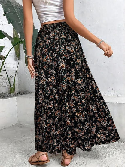 Women'S Ditsy Floral Print Elastic Waist a Line Skirt, Boho High Waist Long Skirt for Beach Holiday Vacation, Ladies Spring & Fall Clothes