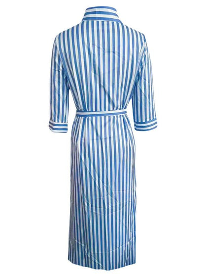 Summer Striped Print Button Front Belted Shirt Dress, Casual Wear Long Sleeve Collared Maxi Dress for Fall, Ladies Clothes Womenswear, Girly Girl Clothes, Vintage Clothing