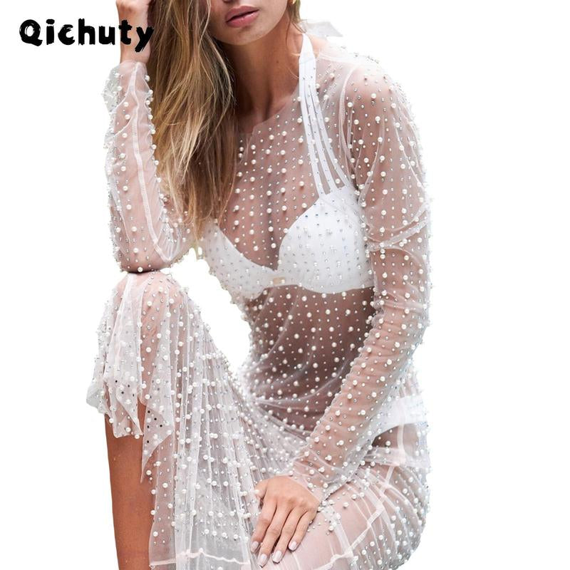 Women'S Pearl Rhinestone See through Cover up Dress Sexy Mesh Swimwear Modegal Swimsuit Bikini Beach Sunscreen Cover up Red plus Size