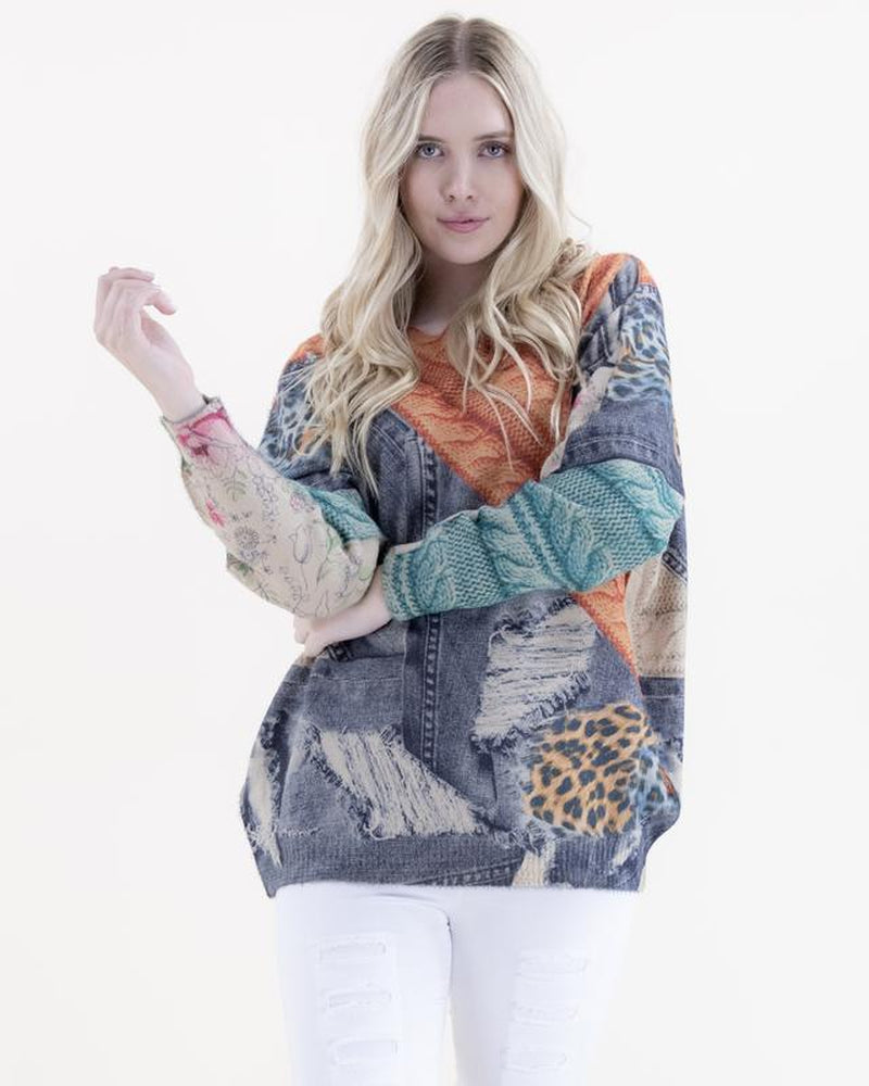 Diagonal Cable Stitch Digitally Printed Crew Neck Sweater