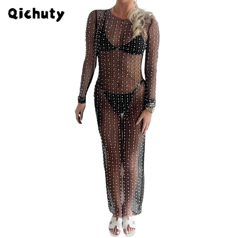 Women'S Pearl Rhinestone See through Cover up Dress Sexy Mesh Swimwear Modegal Swimsuit Bikini Beach Sunscreen Cover up Red plus Size