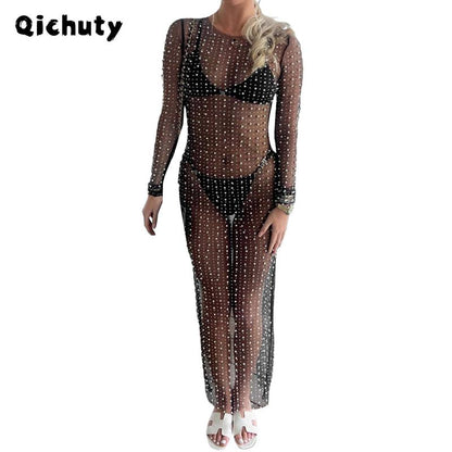 Women'S Pearl Rhinestone See through Cover up Dress Sexy Mesh Swimwear Modegal Swimsuit Bikini Beach Sunscreen Cover up Red plus Size