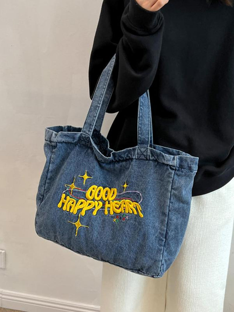 Letter Embroidery Everything Tote Bags for School, Casual Large Shoulder Bag, Trendy Work Bag, Fashionable Plain Tote Bag for Women Summer 2024 Back to School