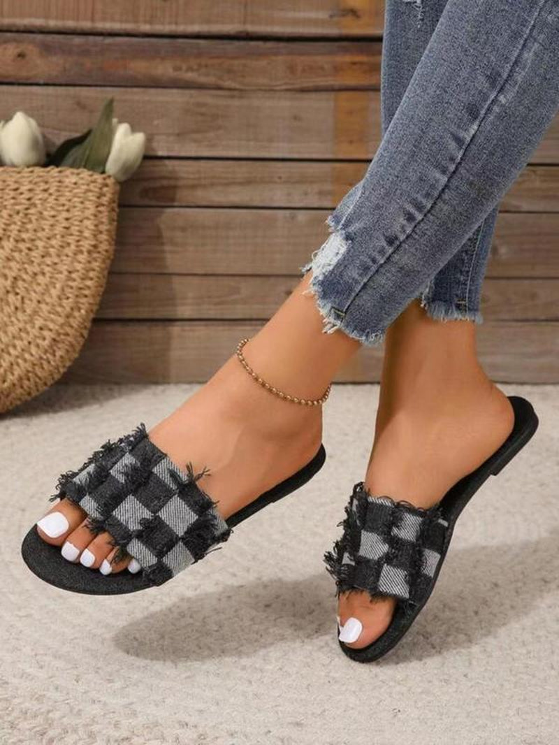 Women'S Casual Plaid Print Slip on Flat Sandals, Versatile Raw Hem Design Slide Walking Shoes, Summer 2024 Lightweight Comfortable Flat Shoes for Daily Wear for Women & Girls, Footwear