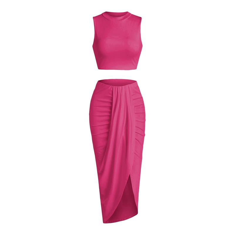 Women'S Casual Sleeveless Summer Two Piece Outfits Crop Top and Side Split Draped Ruched Maxi Skirt Set Solid Suiting Womenswear Overalls Knit 2Piece