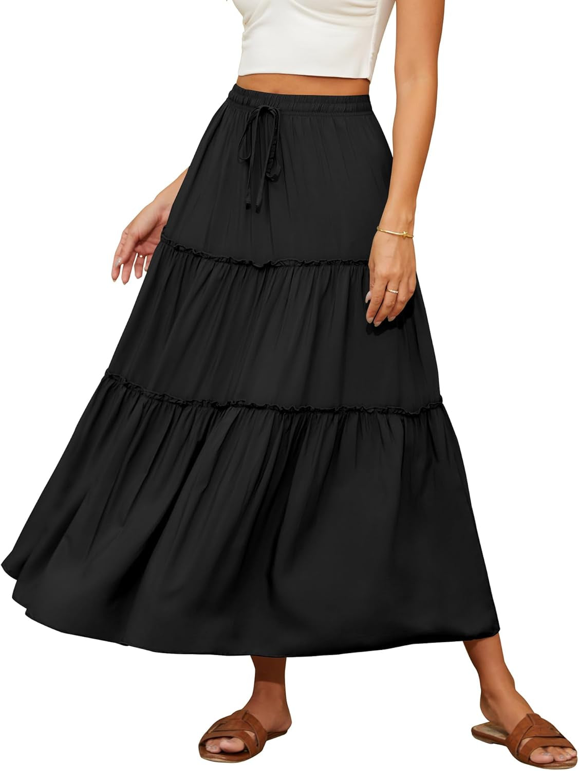 Women'S Skirt High Elastic Waisted Pockets Drawstring Swing Ruched Tiered Maxi Skirt