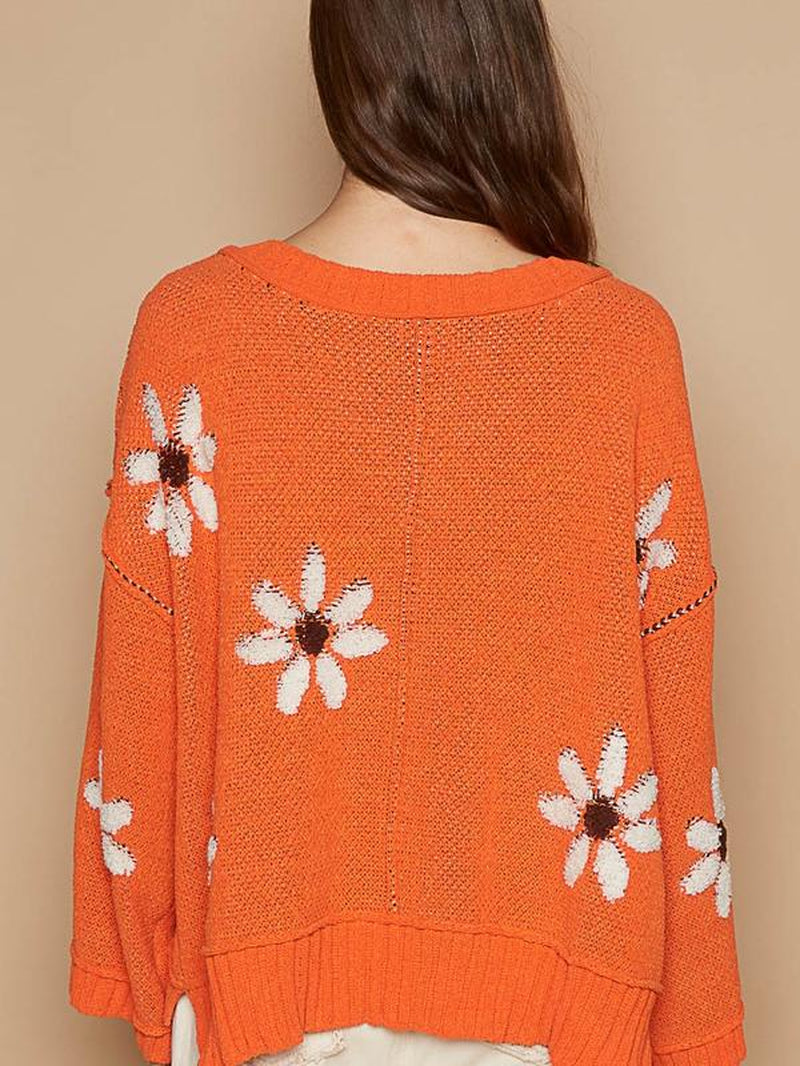 Pol Designed in V-Neck Long Sleeve, Relaxed Fit Top in Chenille with Outseam Rolling Edge Detailing, Berber Flower Print, Pullover Orange Sweater. Fall Sweater Oversized Sweater Everyday Womenswear Autumn Clothing