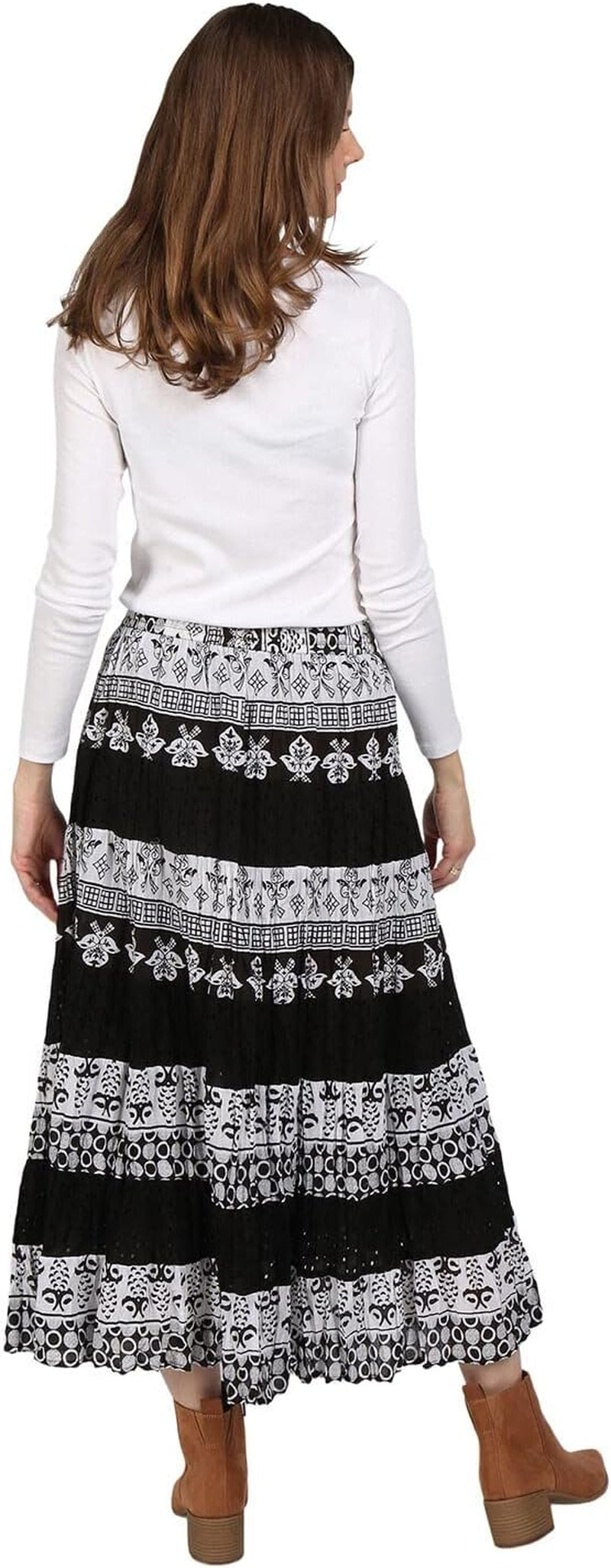 Womens Boho Skirt Long Floral Skirt Tiered Maxi Skirt Black/White, 1X