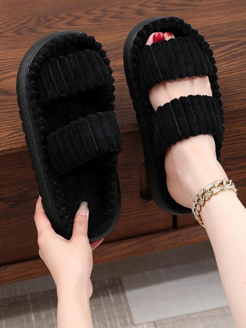 Casual Soft Double Strap Slipper for Women, 2024 New Stylish Plush House Shoes as Gift for Girlfriend, Minimalist Warm Home Slippers for Fall & Winter Wear