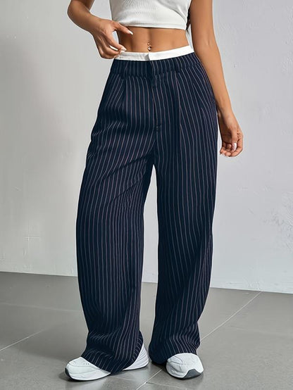 Women'S All over Striped Print Pocket Wide Leg Pants, Casual Comfy Trousers for Spring & Fall, Women'S Bottoms for Daily Wear