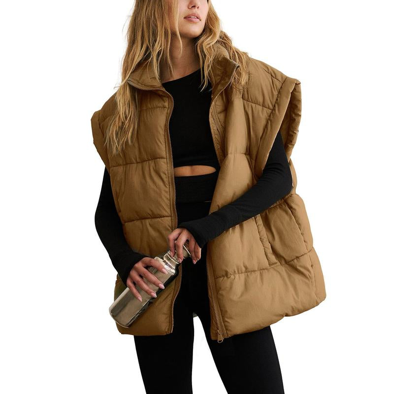 SCUSTY Women Winter Oversized Puffer Vest Insulated Padded Flysleeve Lightweight Stand Collar Puffy Jackets Coat with Pockets