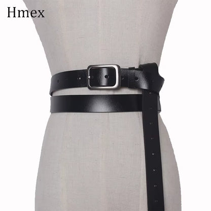 New Leather Long Personality Fashion Belt Designer Women Waist Wide Black Belt Ladies Leisure Dress Jeans Wild Waistband