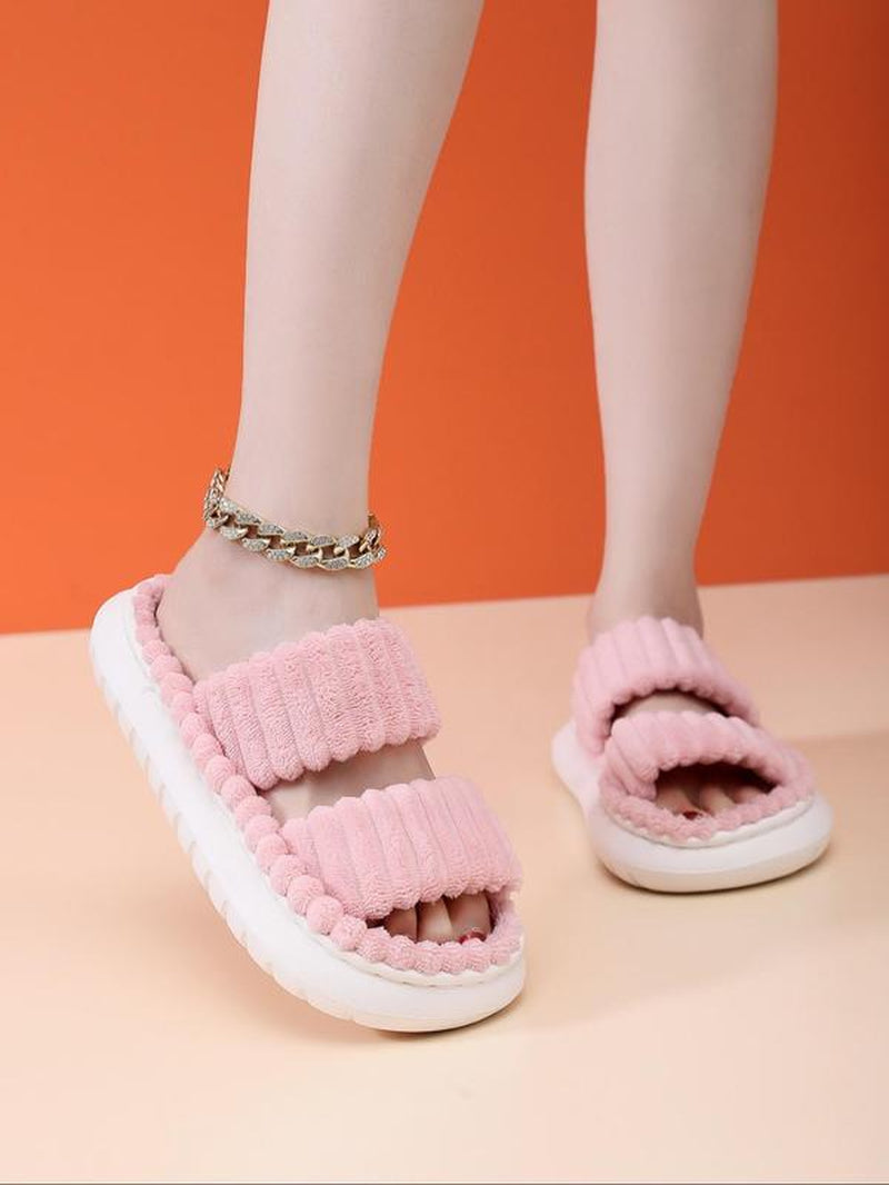 Casual Soft Double Strap Slipper for Women, 2024 New Stylish Plush House Shoes as Gift for Girlfriend, Minimalist Warm Home Slippers for Fall & Winter Wear