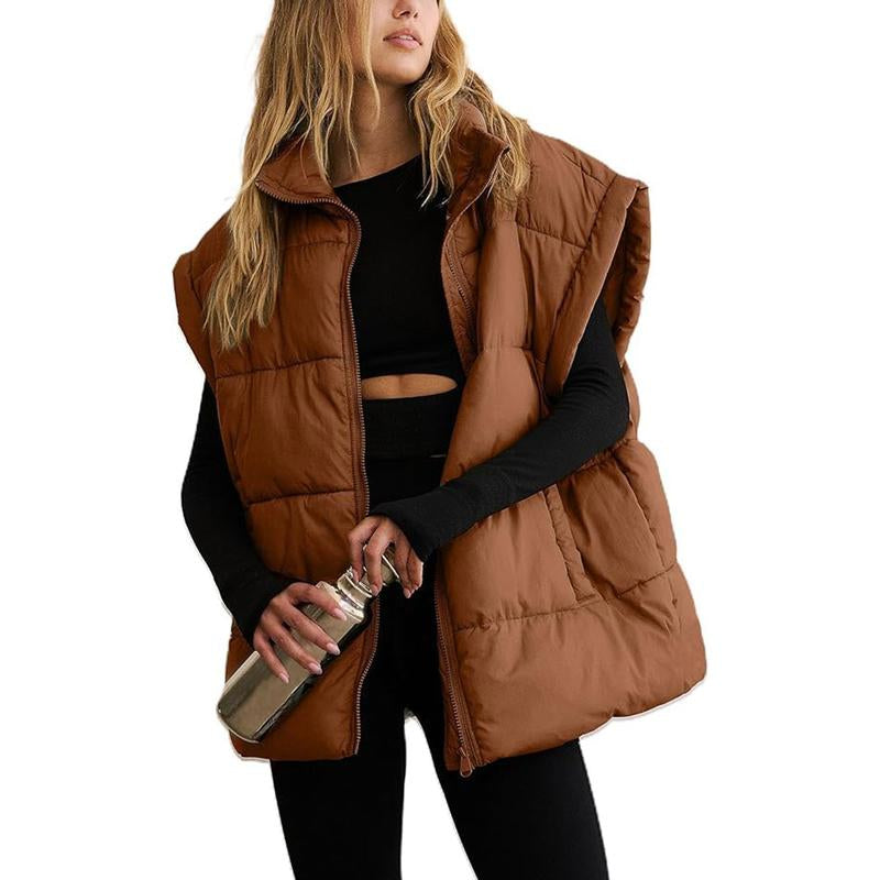 SCUSTY Women Winter Oversized Puffer Vest Insulated Padded Flysleeve Lightweight Stand Collar Puffy Jackets Coat with Pockets